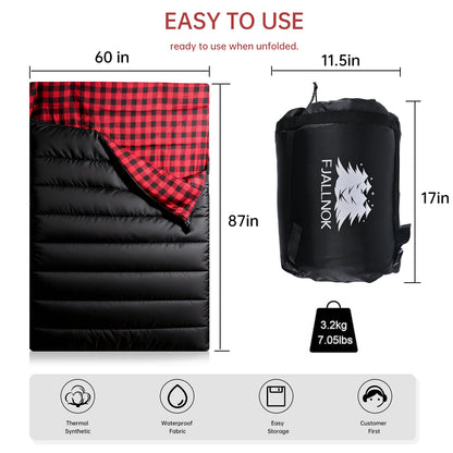 FJALLNOK Double Sleeping Bag Cotton Flannel for Camping, Backpacking Or Hiking. Waterproof,Queen Size Two Person Sleeping Bags for Adults Or Teens. Lightweight with Compression Sack (Black/Red)