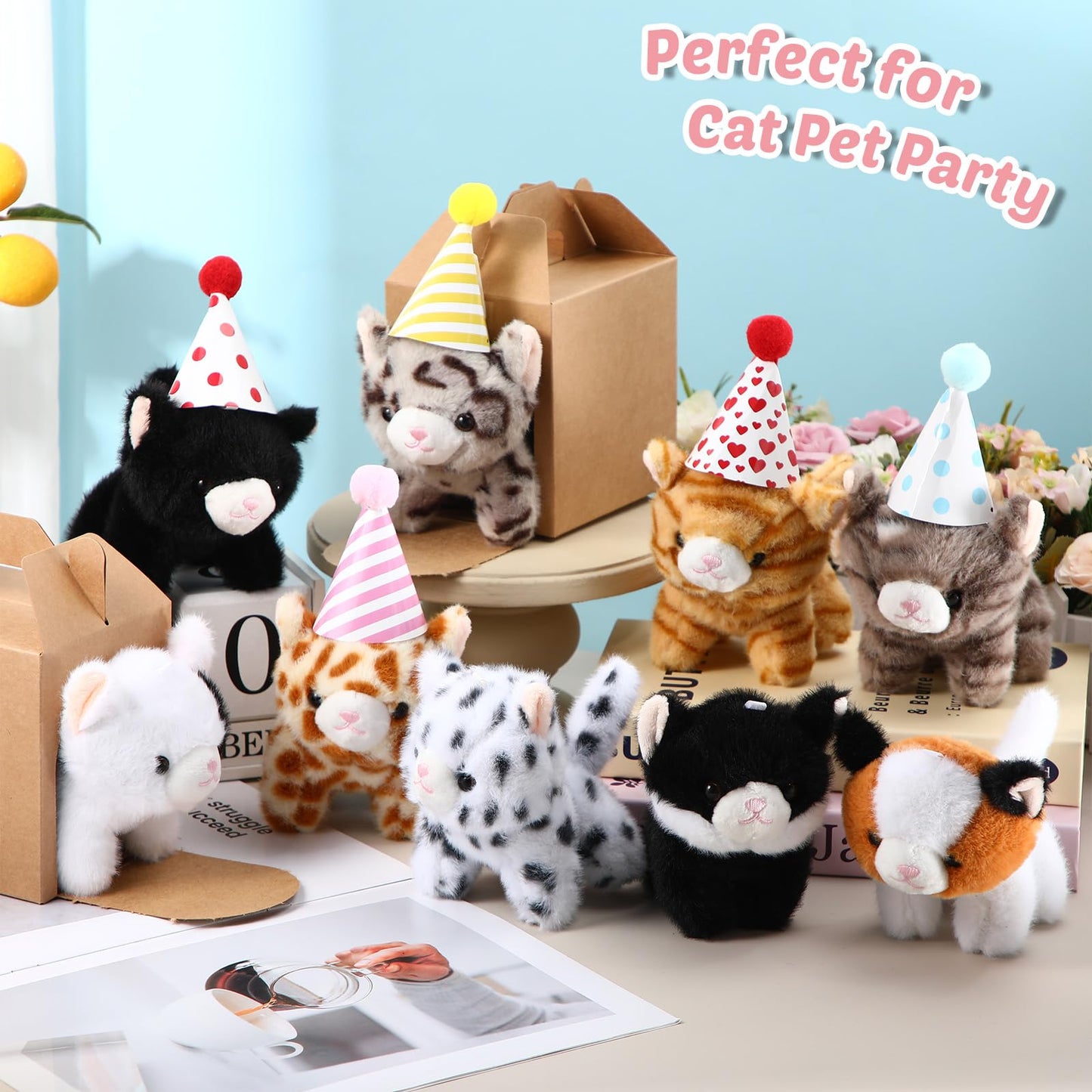 Motionchic 10 Set Kittens Stuffed Animals Bulk with 10 Birthday Hats 10 Kraft Paper Boxes Mini Plush Toys Small Stuffed Cat Pet Gifts for Kids, School Birthday Animal Decor(Standing Style)