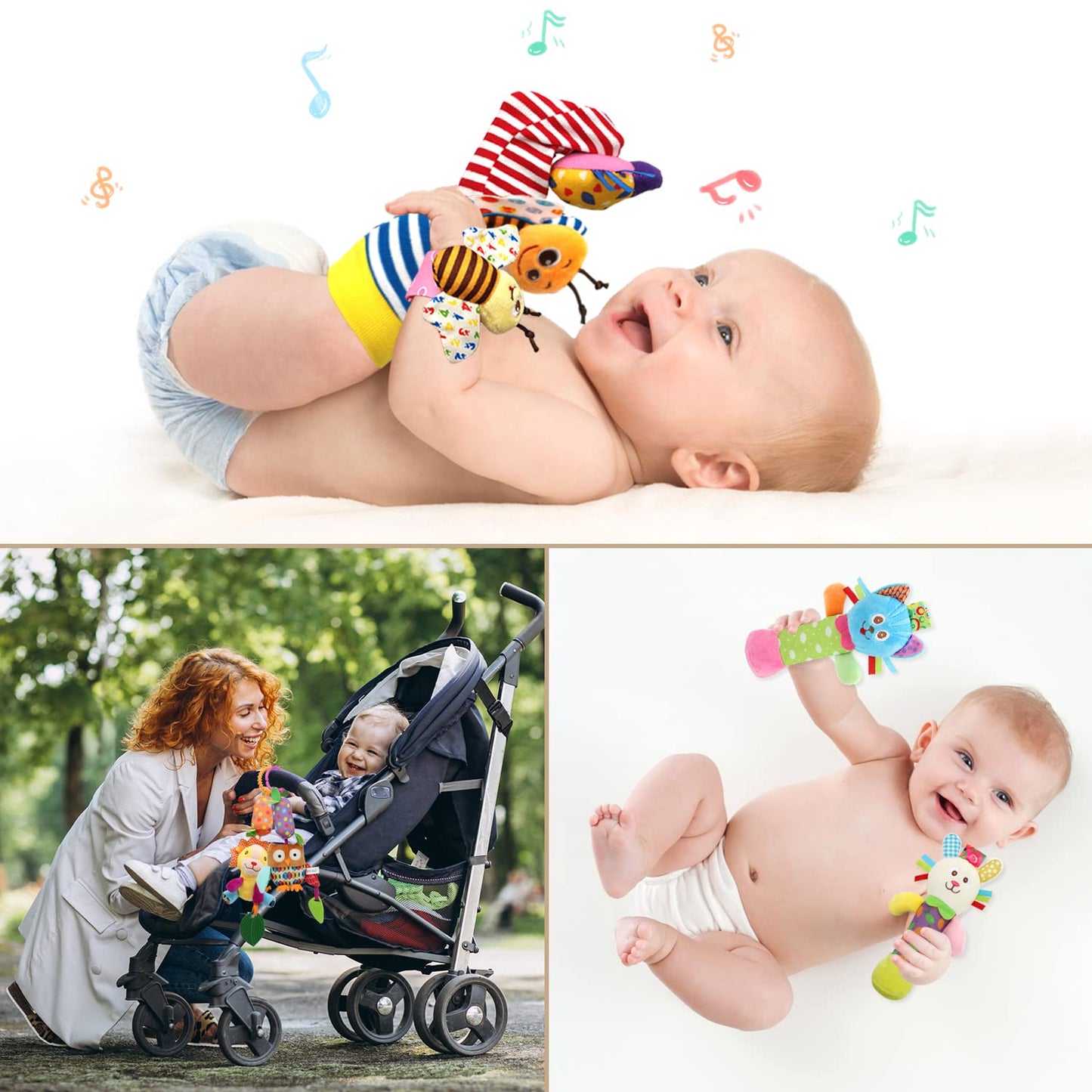 Bloobloomax Baby Soft Hanging Rattle, Wrist Rattle and Hand Foot Rattle Toy, Car Seat Stroller Toys with Plush Animal C-Clip Ring for Infant Babies Boys and Girls 3 6 9 to 12 Months (12PCS-G)