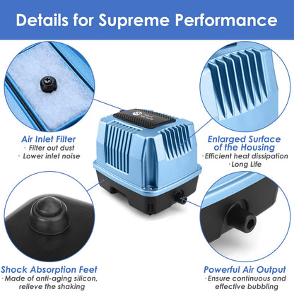 AquaMiracle Super Powerful Linear Air Pump AP-40 Pond Aerator, 635GPH Koi Pond Air Pump Septic Aerator, for Hydroponic, Waste Treatment, Fish Farm, Seafood Restaurant