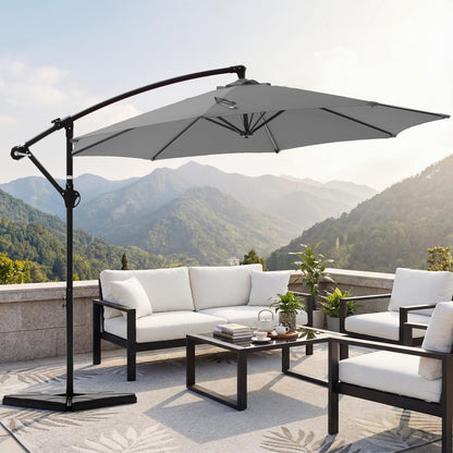 OLIXIS 9.8FT Offset Patio Umbrella with Base, Cantilever Table Umbrellas for Outdoor Sun Shade UV Protection with Easy Tilt Adjustment, 8 Ribs for Backyard, Lawn, Garden, Pool