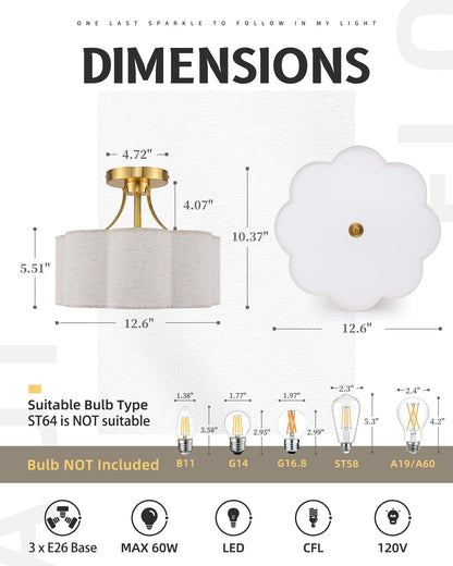 AUTELO 12.6 Inch Semi Flush Mount Ceiling Light,3-Light Brushed Gold Modern Ceiling Light with Flower-Shaped White Fabric, Kitchen Ceiling Light for Bedroom Hallway, C2507 BGS-8