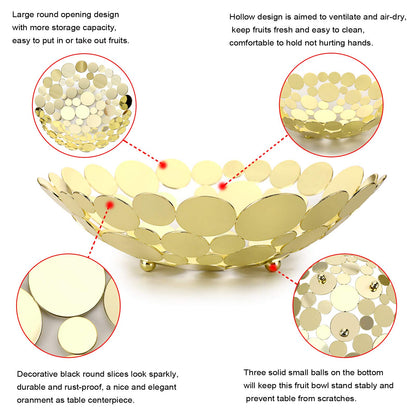 OwnMy Metal Fruit Bowl Basket Creative Table Centerpiece Fruit Stand Decorative Countertop Fruit Holder for Kitchen Counter, Iron Large Fruit Plate Round Storage Tray for Bread Snacks Candy (Golden)