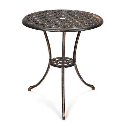 GarveeHome Patio Bistro Table, 24" Round Outdoor Coffee Table with 2" Umbrella Hole, Outdoor Cast Aluminum Bistro Table Side Table with Iron Frame for Balcony Backyard Lawn and Garden, Rustic Brown