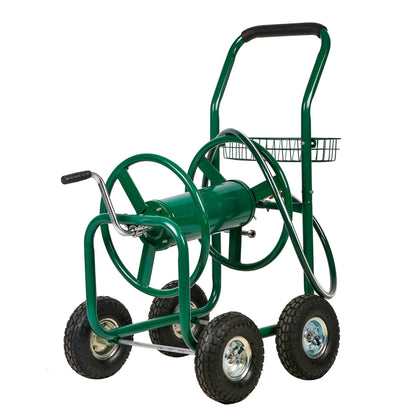 FDW Garden Hose Reel Cart, Water Hose Cart with 4 Wheels, Hold Up to 300 ft of 5/8’’ Hose，Heavy Duty Powder-Coated Steel Planting with Storage Basket, for Garden, Yard and Lawn