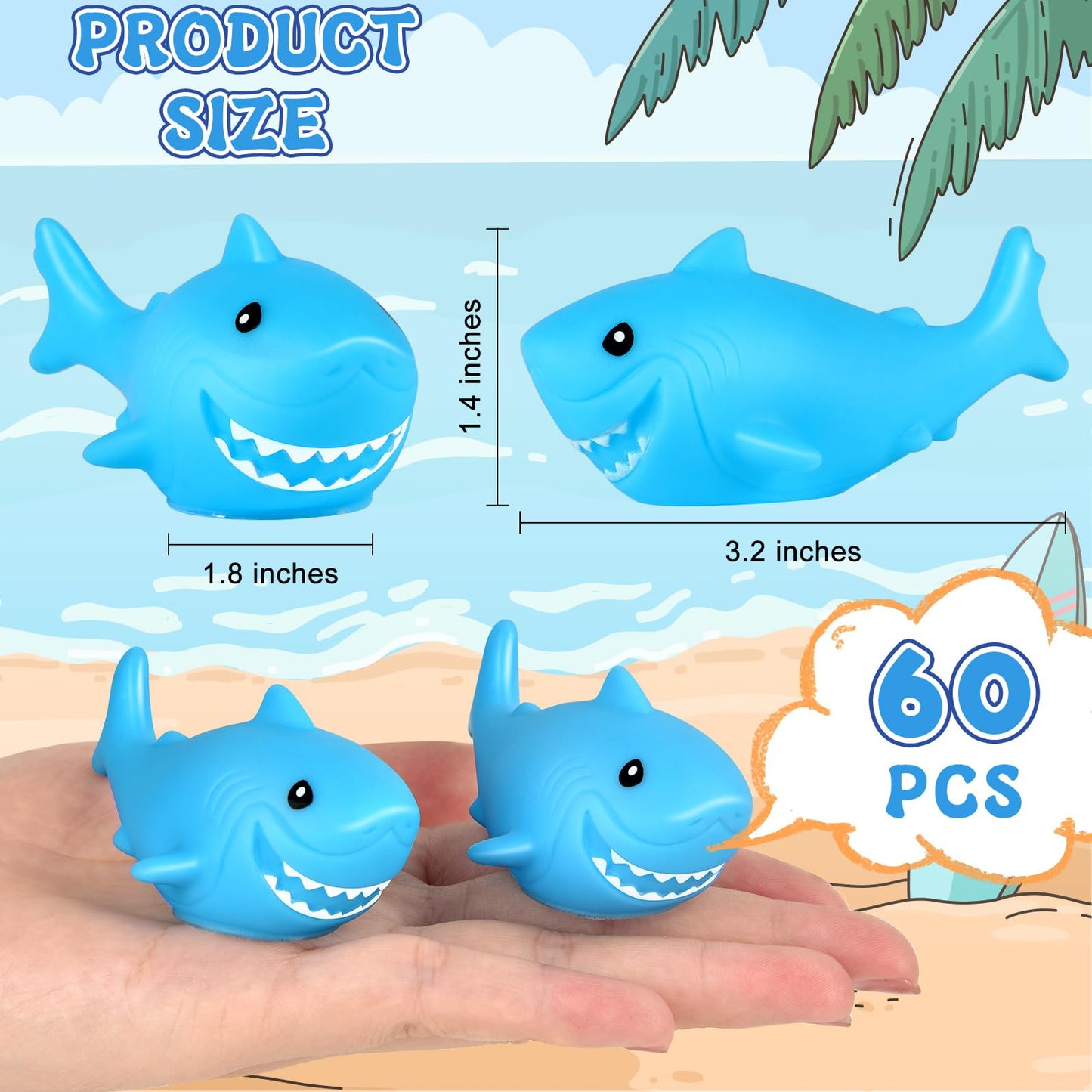 Mototo 60 Pieces Rubber Shark Toys Bulk, Cute Bath Squishy Toys Small Swimming Bathtub Pool Kids Play for Shark Week Themed Box Goodie Bags Treasure Hunt Carnival Cruise Birthday Party Favor, Blue