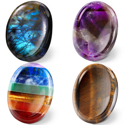 Roowest 4 Pcs Thumb Worry Stone for Anxiety Natural Crystal Healing Stone Chakras Amethyst Tiger Eye Quartz Pocket Hug Gift for Office Stress Meditation(Dreamsheen,Oval)