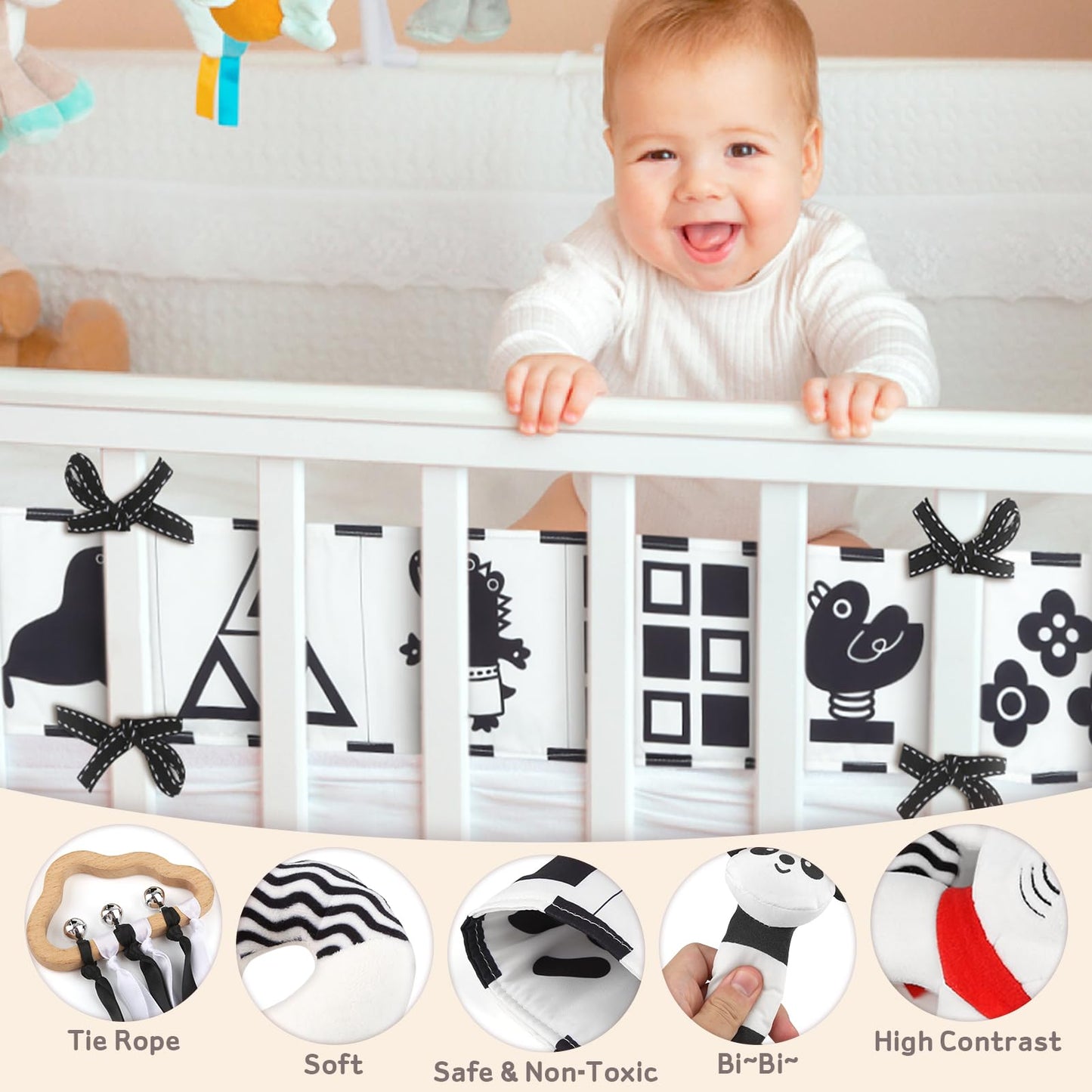 Dreamon 32PCS High Contrast Black and White Baby Sensory Toys, Newborn Tummy Time Toys with Rattle, Soft Book & Flash Cards, Montessori Infant Toys for 0-12 Months Boys Girls Shower Gifts