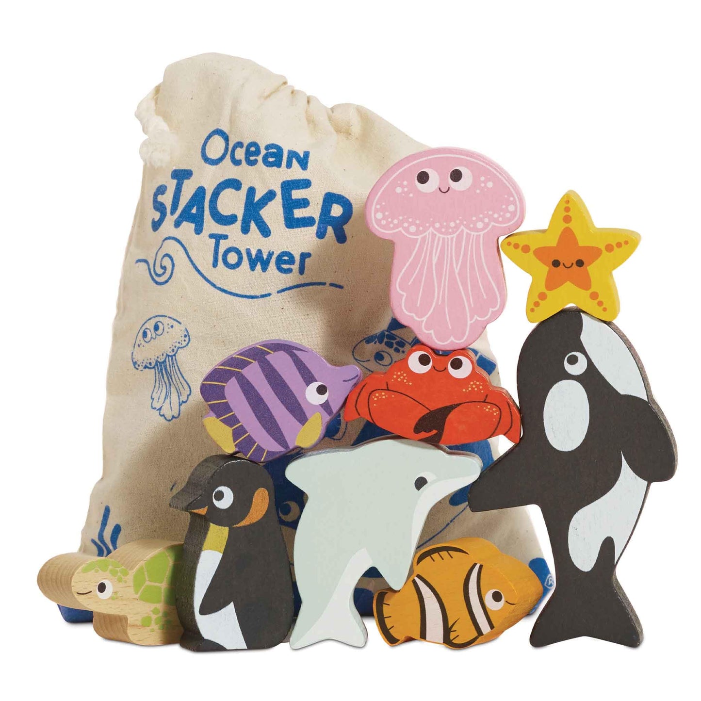 Le Toy Van - Wooden Toys - Petilou Baby & Toddler - Ocean Animal Building Blocks Stacker & Bag - Educational Balancing Activity Toy - Wooden Blocks Aquatic Animal Toys - Kids Toys Age 18 Months+
