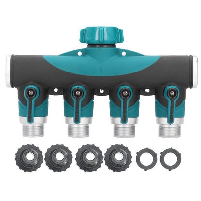 4 Way Garden Hose Splitter, 3/4 Inch Heavy Duty Metal Hose Connector with On Off Valves Water Hose Manifold Hose Spigot Adapter for Drip Irrigation