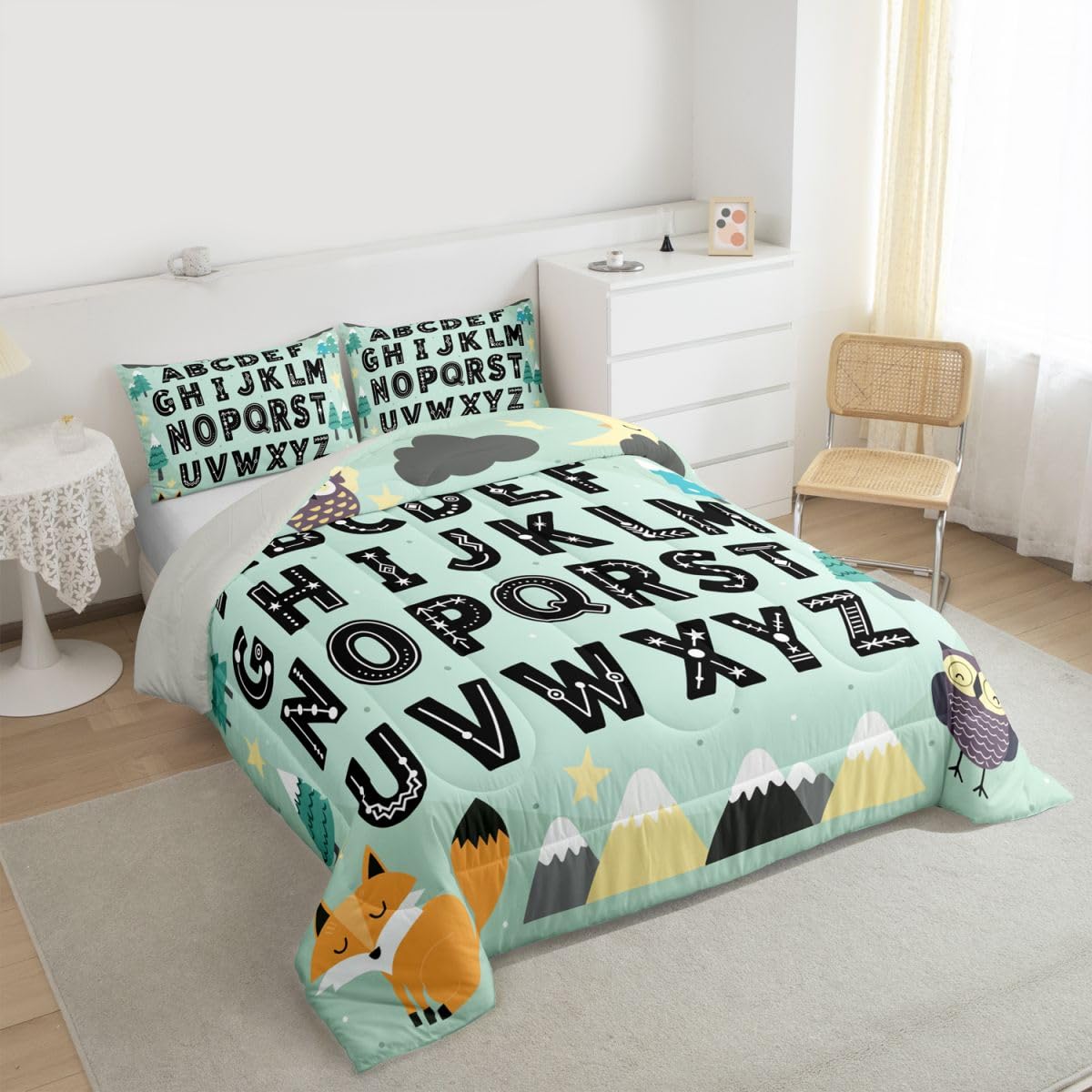 Feelyou Alphabet Kids ABC Learning Comforter Set All Season Cute Fox Bedding Set with 1 Pillow Cases Educational Nursery Art Kids Toddler Bedclothes Woodland Animals Bedroom Decor Duvet Quilt