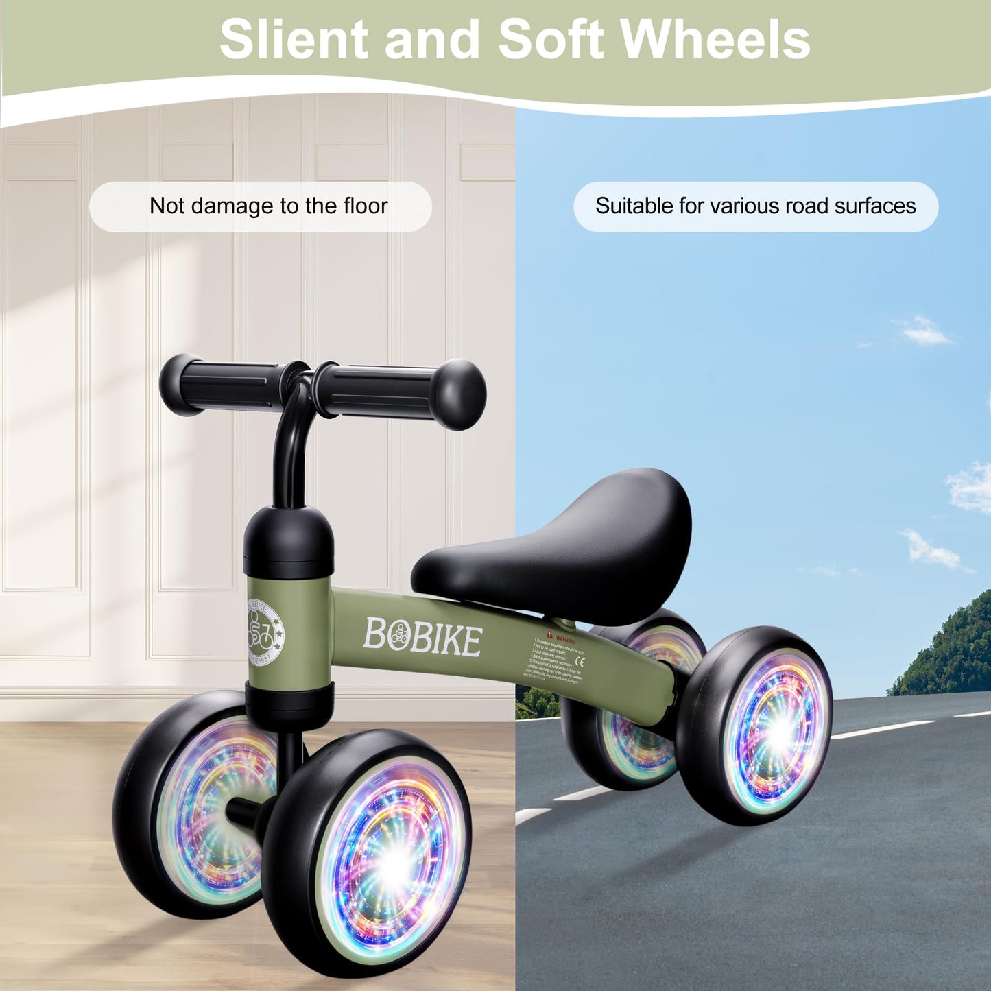 Bobike Baby Balance Bike Toys for 12-36 Months Kids Toy Boy and Girls Gifts Toddler Best First Birthday Gift Children Walker No Pedal Infant 4 Wheels Bicycle (Colorful, Deep Green-Light)