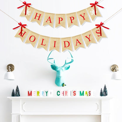 VILIFEVER Happy Holidays Banner Burlap, Christmas Decorations for Home Office, Christmas Banner for Fireplace Mantel Indoor Outdoor Decor, Happy Holidays Sign Xmas Party Supplies