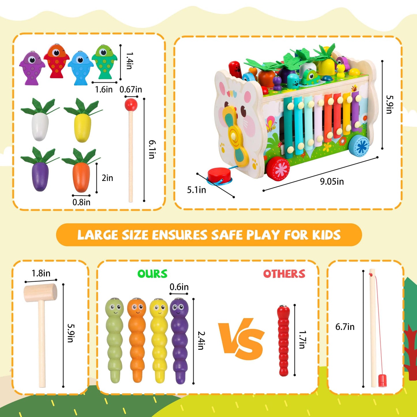 9 in 1 Montessori Toys for 1 Year Old, Wooden Hammering Pounding Toy Game with Xylophone for Toddlers 1-3, Gears and carrot harvest,1 Year Old Girl Birthday Easter Gifts, Learing Toys for babies