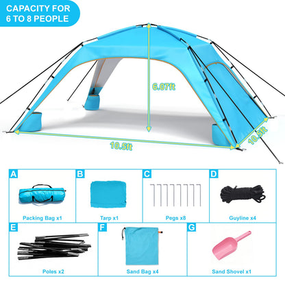 Beach Tent Sun Shelter for 6-8 Person, Beach Sun Shelter with UPF50+ UV Protection, Lightweight Beach Canopy, with Vent-to-Privacy Roll Curtain, Portable Shade Tent for Beach Camping Fishing