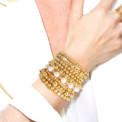 Ecation 10 Pcs Beaded Bracelets for Women Chunky Stacking Plated Bead Ball Stretchable Bracelets Set Natural Pearl Jewelry(Gold)