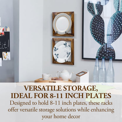 MyGift Set of 2 Wall Mounted Single Plate Holders with Decorative Wooden Frame, Rustic Burnt Solid Wood Display Racks and Black Metal Wire Hanger Hooks for 8 to 11 Inch Plates