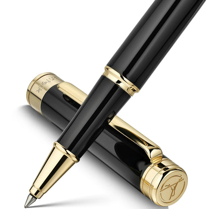 MCNTEIK Black Lacquer Rollerball Pen - Stunning Luxury Pen, 24K Gold Plating, Schmidt Refill, Precision Flow Ink, Best Roller Ball Gift Set for Men & Women, Professional, Executive Fancy, Nice Pens