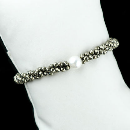 CRYSTALIS Natural Pyrite Beads Twisted Rope Bracelet with Elegant Pearl, High Grade Gemstones, Chakra Healing Stones, Gift Giving Womens Jewelry, 925 Sterling Silver Bracelet 8 inch