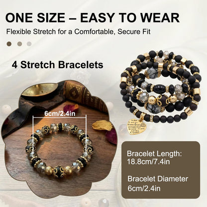 Ysenchan Bohemian Bracelet Set for Women, 4 Pcs Beaded Stackable Bracelets with Heart Charm, Stretch Bracelets, Boho Jewelry Gift – [Black]