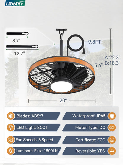 LEDIARY Outdoor Ceiling Fans with Lights, IP65 Waterproof Gazebo Fan with Hanging Hook,6 Speeds, 3CCT, 20 Inch Wet Rated Plug in Ceiling Fan for Patios,Porch, Pergola,Canopy, Brown