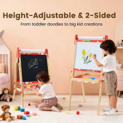 DUMOS Kids Easel Set with Paper Roll, Adjustable Height Double-Sided Magnetic Chalkboard & Whiteboard Art Station for Ages 3+, Dry Erase Board, Gift for Girls and Boys, Red