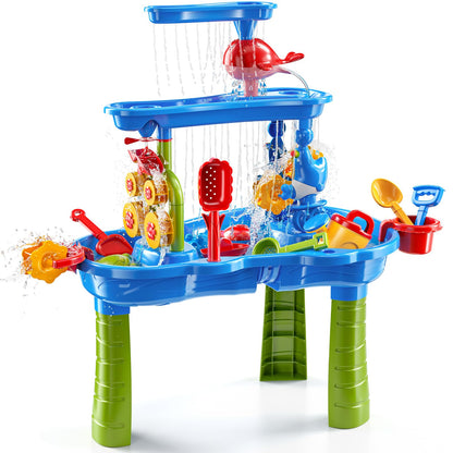 JUKUDAHU 3-Tier Sand and Water Table Toys for Kids Aged 3 4 5 6 7 8, Outdoor Activity Playset Sensory Play Table with Beach Toys Accessories Water Waterfall, Birthday Gifts for Toddlers 3-4 3-5 4-6