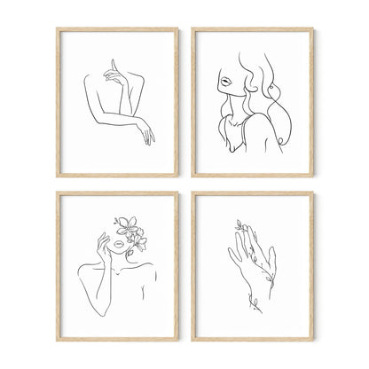 RipGrip Minimalist Wall Art - Set of 4 Woman Silhouette Line Drawings, Room Aesthetic Posters, Abstract Decor (Beige Frame, 8x10)