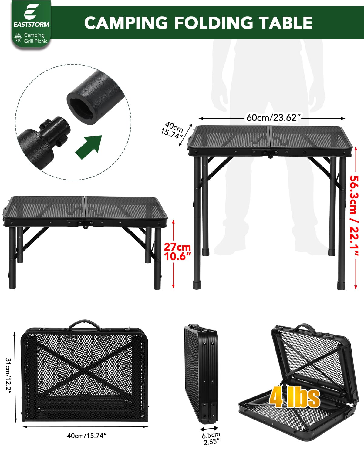 2Ft Small Folding Table with Carry Handle, Camping Table Adjustable Height 10.6–22 in, Black Metal Mesh, Portable & Compact for Outdoor/Indoor,Grill Table, 23.6×15.8 in, 4 lb, 66 lb Capacity