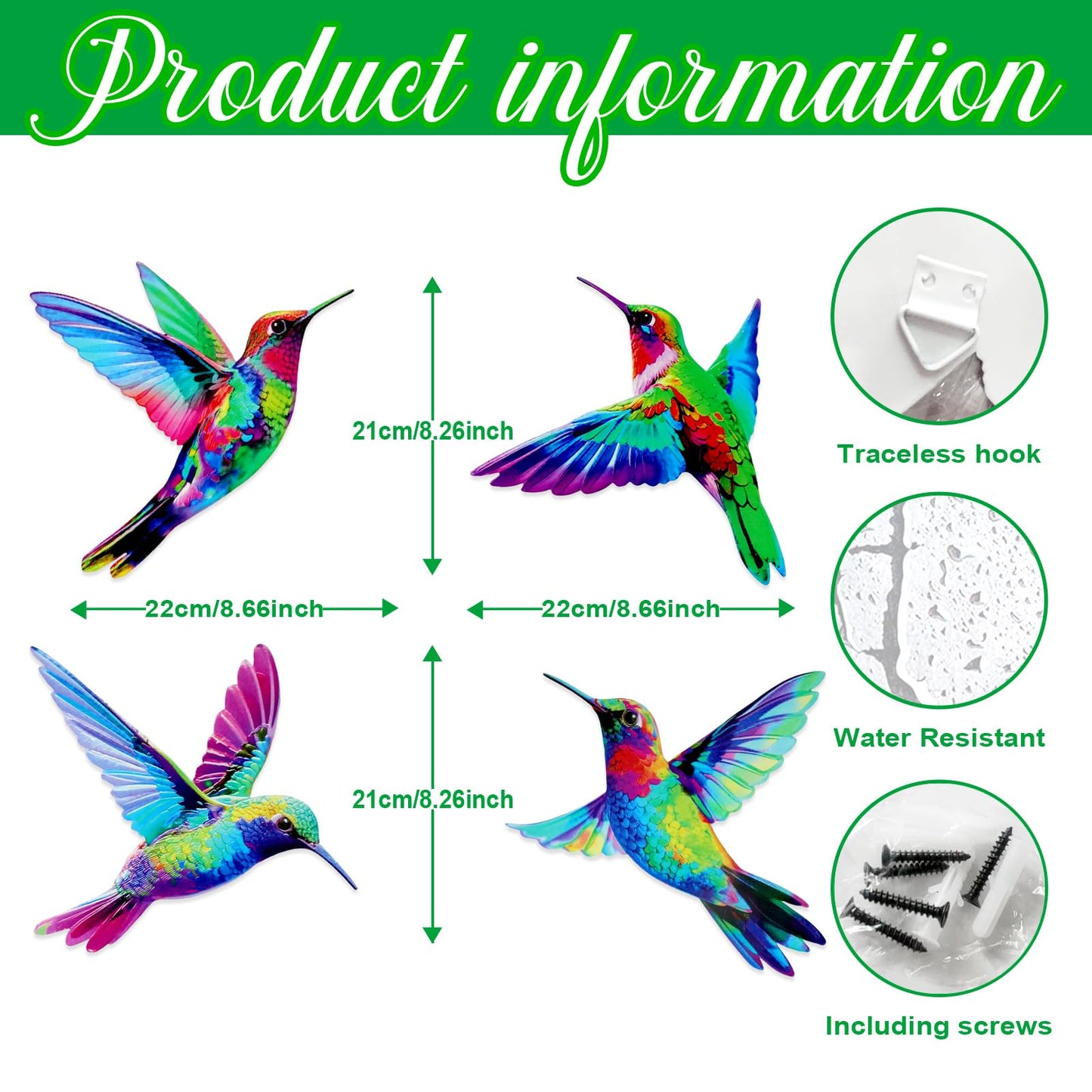 4 Pcs Metal Wall Art, Wall Decor for Bedroom, Rustic Hummingbirds Hanging Decorations for Garden Living Room Balcony Patio Fence Indoor Outdoor, 8.66L x 8.26W