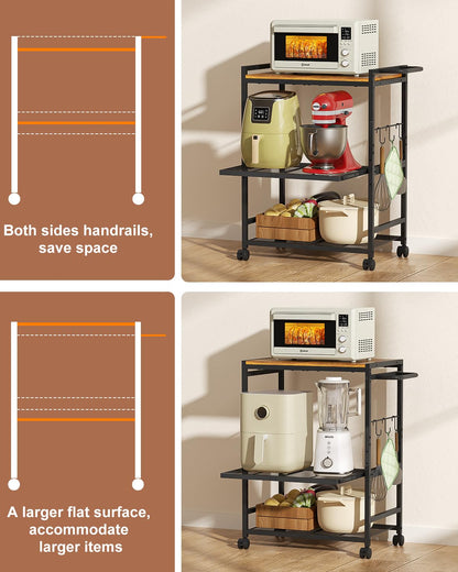 Feyejade Microwave Cart with Adjustable Shelves 3-Tier, Rolling Kitchen Cart with Push Handle, Microwave Stand with Storage, Small Utility Cart with Drawer Slider Shelf for Kitchen, Living Room