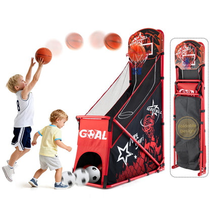 MerryMove Basketball Arcade Game for Kids: Foldable Basketball Hoop Set with Soccer Goal- Portable Indoor Outdoor Sports Play Toy- Gift for Ages 3-12 Boys Girls- Air Pump and 3 Balls Included