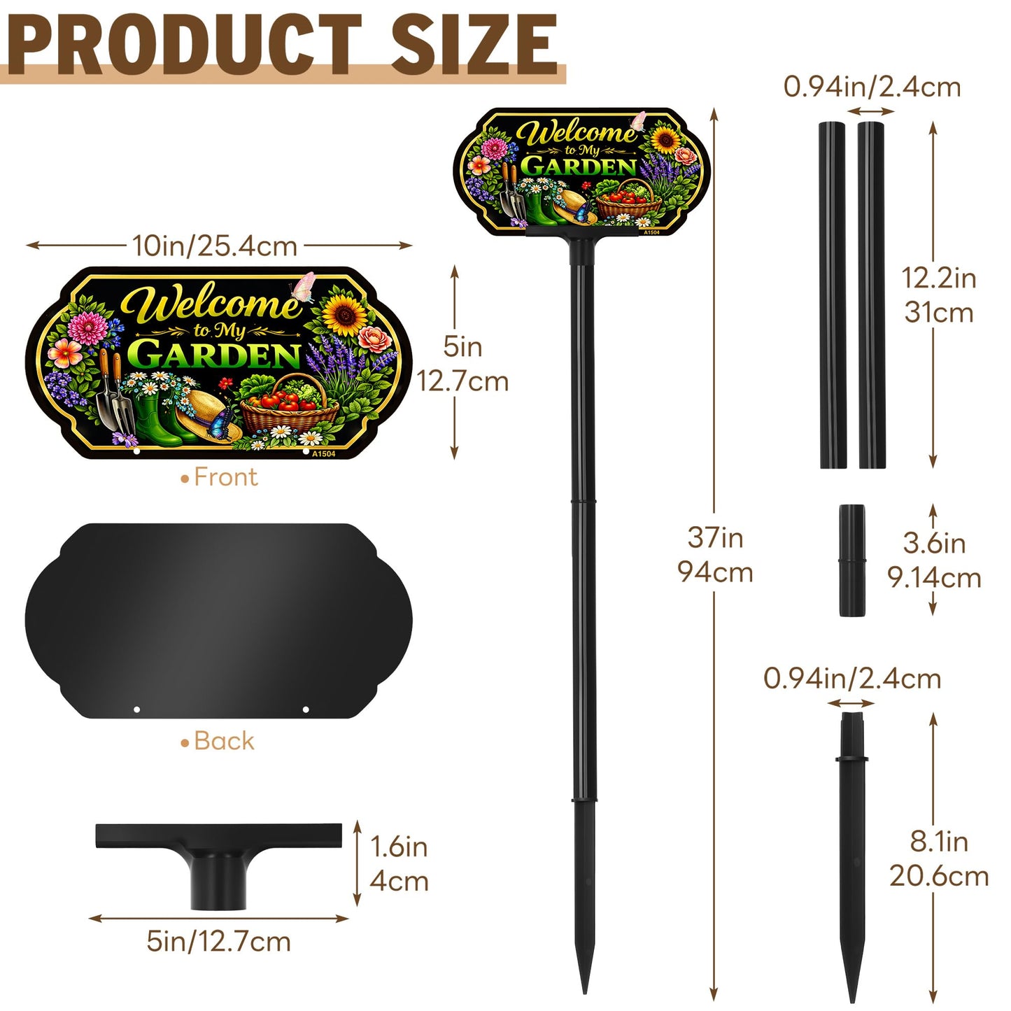 Welcome to My Garden Sign Outdoor Decor, 10x5 Inch Adjustable 24" & 37" Height Aluminum Garden Yard Sign with Stake, UV Printed Metal Garden Sign for Lawn Fence Wall, Gift for Gardeners