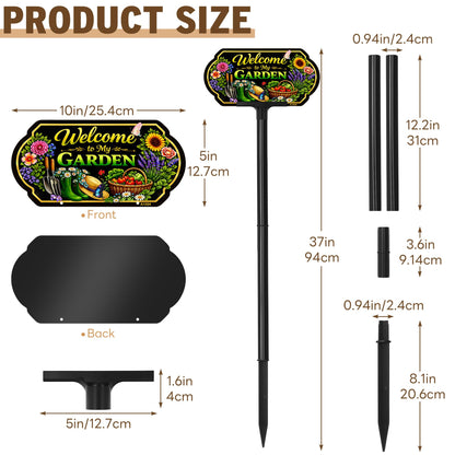 Welcome to My Garden Sign Outdoor Decor, 10x5 Inch Adjustable 24" & 37" Height Aluminum Garden Yard Sign with Stake, UV Printed Metal Garden Sign for Lawn Fence Wall, Gift for Gardeners