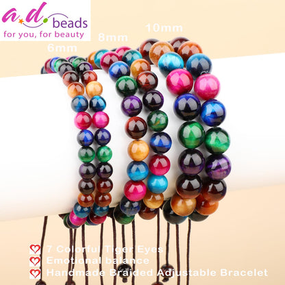 AD Beads 6mm 7 Colorful Tiger Eyes - Emotional balance - Handmade Natural Stone Crystal Bracelet with Adjustable Macrame String - Yoga Healing Power Energy Gifts for Men and Women