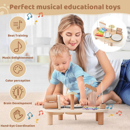 Promise Babe Wooden Drum Set for Toddlers 1-3, Musical Percussion Instruments for Kids Baby Drum Set Xylophone, Montessori Educational Musical Toys for Girls Boys Ages 3+