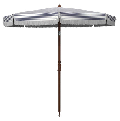 SAFAVIEH 6.5ft Outdoor Patio Umbrella, Round, Copen Collection, White & Navy Stripe, Fringe Trim, Button Tilt, UV Resistant for Deck, Backyard, Poolside (PAT8501B)