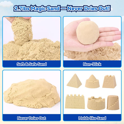 Sensory Beach Toys for Toddlers - 44PCS Sand Construction Kit with 8 Trucks, Foldable Sandbox, 2.7lbs Magic Sand, Crane, Signs, Molds, Shovel – Outoor Toys for Boys & Girls Ages 3+