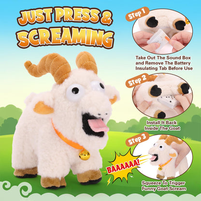 FunisFun Goat Plush with Bell, Goat Stuffed Animal with Funny Screams Sound, Gag Gift for Adults Friends and Coworkers Desk Toy