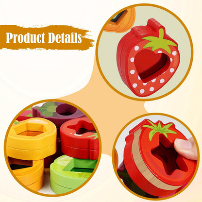 Wooden Stacking Blocks for Kids, 10-Piece Sensory Toy Set with Acrylic Fruit & Vegetable Shapes, Fine Motor Skills Gift for Boys Girls