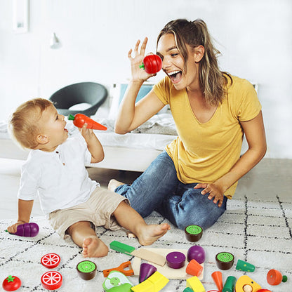 GOPLACS Wooden Play Food Sets for Kids Kitchen - Cutting Fruits and Veggies Toddler Toys Pretend Food Play Kitchen Accessories Montessori Educational Toys Gifts for Kids Boys Girls 3+