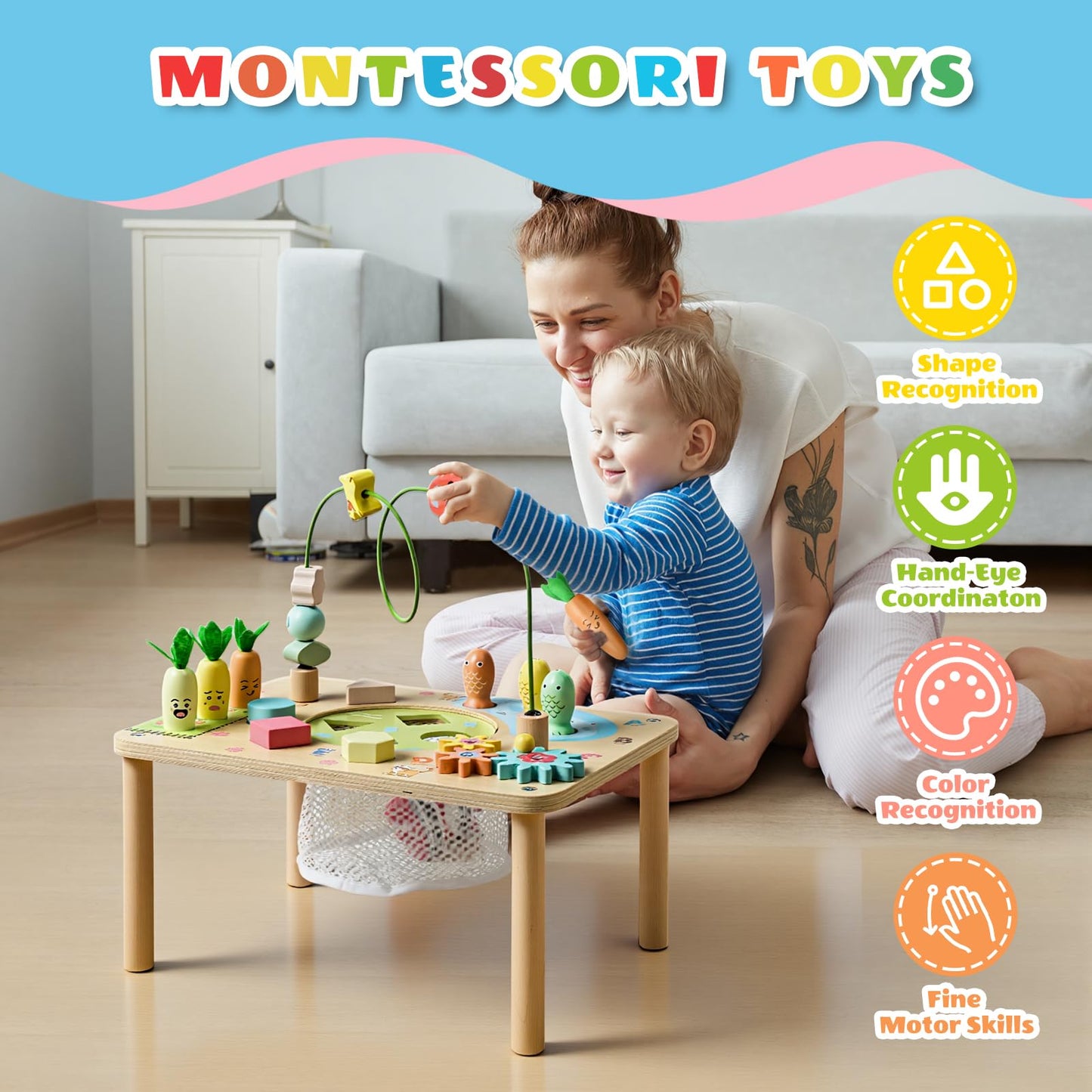 WINGYZ Activity Table, 6 in 1 Wooden Montessori Activity Center with Bead Maze Shape Sorter Fishing Game, Kids Sensory Play Table Toddler Toys 1st Birthday Gifts Boy Girl(Morandi)