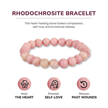 Crystal Vibe Rhodochrosite Crystal Bracelet for Love and Balance - 8mm Beaded Bracelet for Emotional Healing, Trust & Positivity - Crystal Jewelry Gifts for Women Men - Adjustable Size