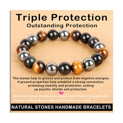 AD Beads Handmade Gemstone Stretch Elastic Bracelet Crystal Healing Reiki Nature's Beauty and Spiritual Essence Unisex (10mm, Triple Protection (Strong Protect))