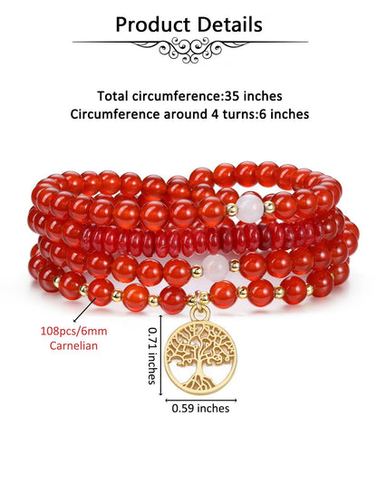 Jovivi 108 Mala Beads Bracelet Necklace, Natural Red Agate Healing Crystal Stones Prayer Beads Yoga Meditation Gemstone Necklace Gold Copper Tree Life Pendant