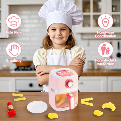 Play Kitchen Accessories, Pretend Kitchen Appliances Set with Toy Air Fryer for Kids with Sound and Lighting, Color-Changing Play Food, Birthday Gift for Boys and Girls Ages 3-5 4-8,Pink