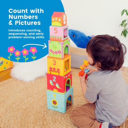 DJECO - Topanifarm Blocks - Build a Farm, Wooden Blocks & Animal Toys - Sorting & Stacking - Enhances Fine Motor Skills - Durable Playtime - Cute Design - Preschool Kids 18+ Months