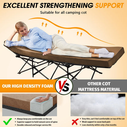 CYMULA Camping Cot Mattress 2in Memory Foam Sleeping Pad,Soft Warm Non-Slip Camping Mattress Topper with Retaining for Adults,Portable Roll up Pad for Travel(Brown 75"x30")