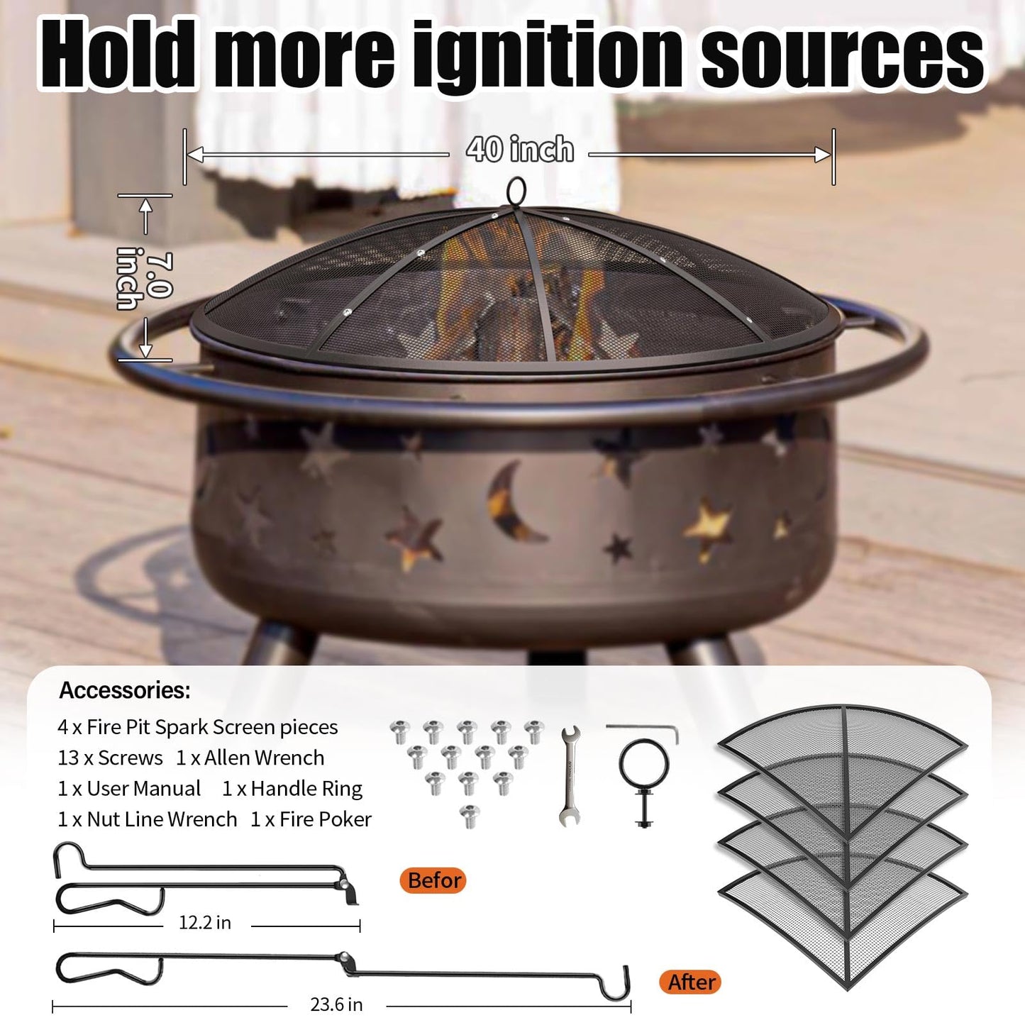 Fire Pit Spark Screen, 40Inch Fire Pit Lid Outdoor with Handle & Poker, Heavy-Duty Mesh Firepit Cove with 12 Reinforced Bars for Backyard/Beach/RV Camping