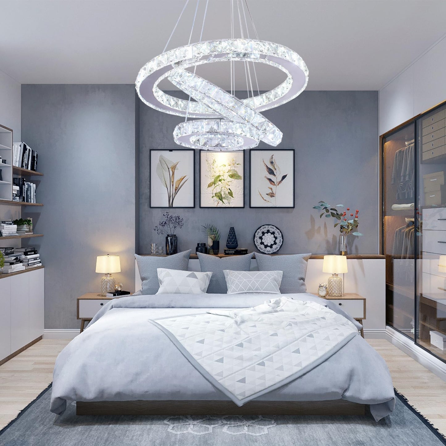 xychfantligh Modern 3 Ring Round Crystal Chandelier Adjustable Stainless Steel Pendant Lighting LED Crystal Ceiling Light Fixture for Living Room Dining Room Bedroom Cool White